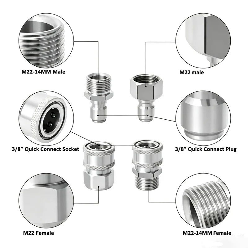 Pressure Washer Quick Connect Kit M22 14mm/15mm to 3/8 Hose Quick Connect Fitting Adapter for Power Washer Gun Hose Pump