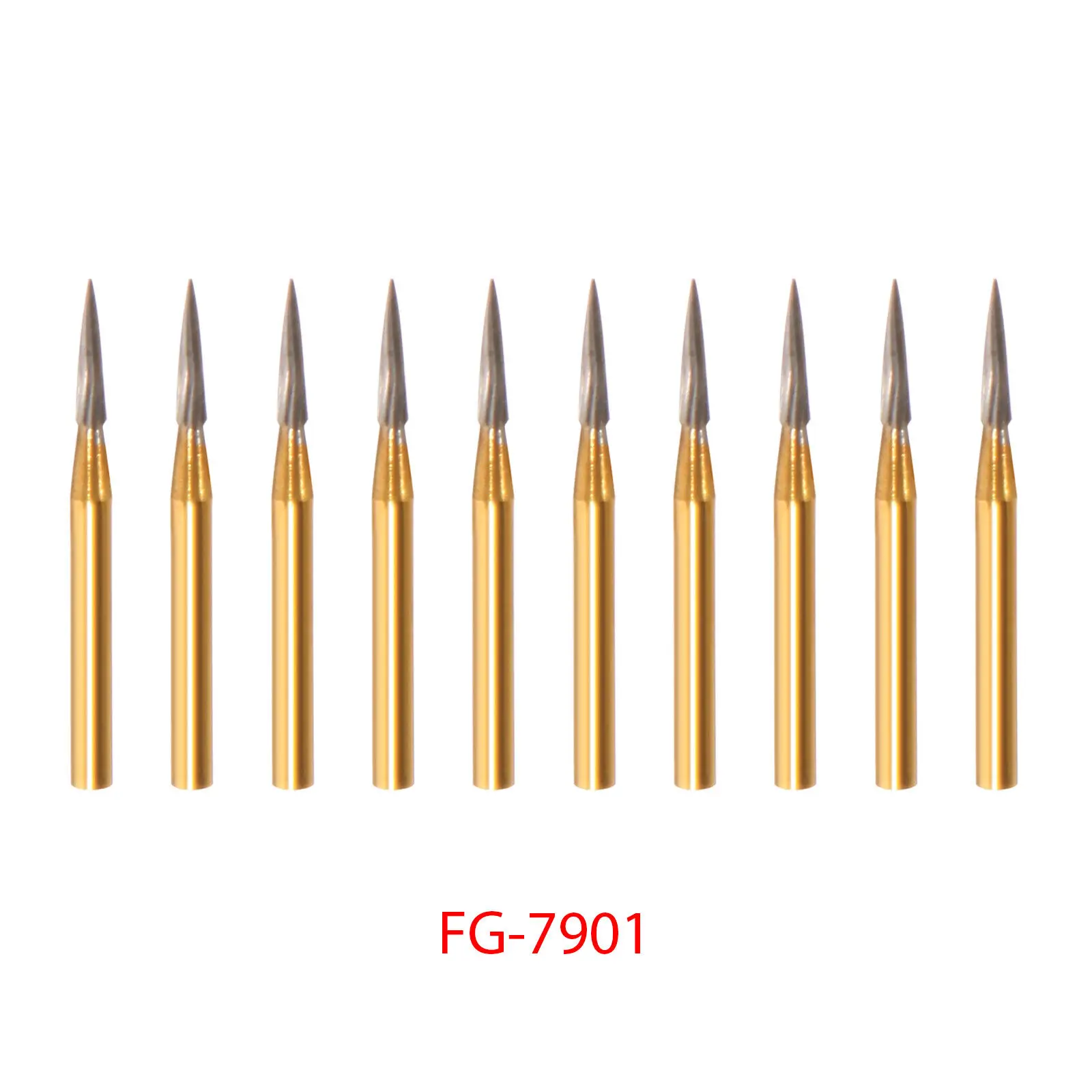 

10PCS/1Box Dental Tungsten Carbide Gold Burs Trimming & Finishing & Polishing Flame FG7901/FG7902 For High Speed Handpiece