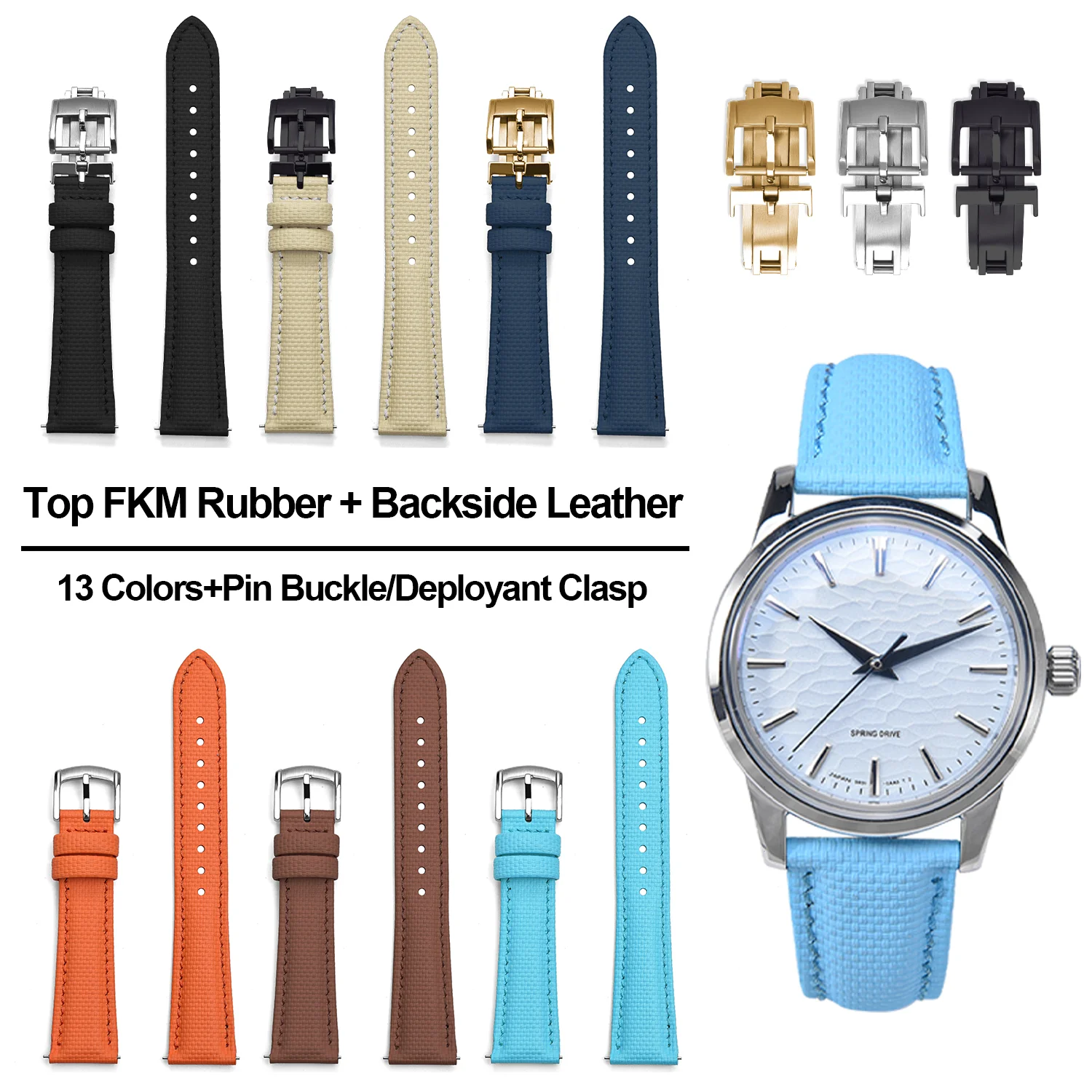 18-19-20-21-22mm Delugs Sailcloth FKM Rubber Watch Strap with Folding Clasp Quick Release Leather Watch Bands for Men Women
