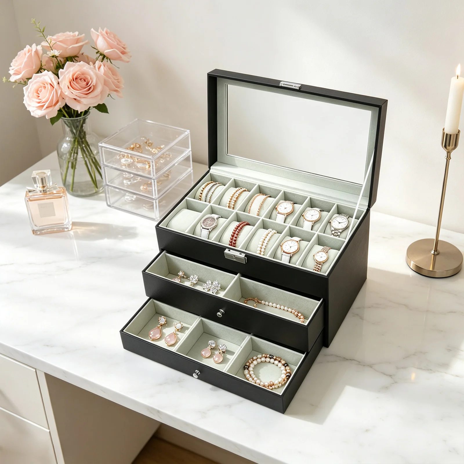 Lockable 3-Layer Watch Display Case, 12-Compartment Organizer for Watches, Eyewear & Jewelry, Durable MDF & PU Material with Clear Glass Lid