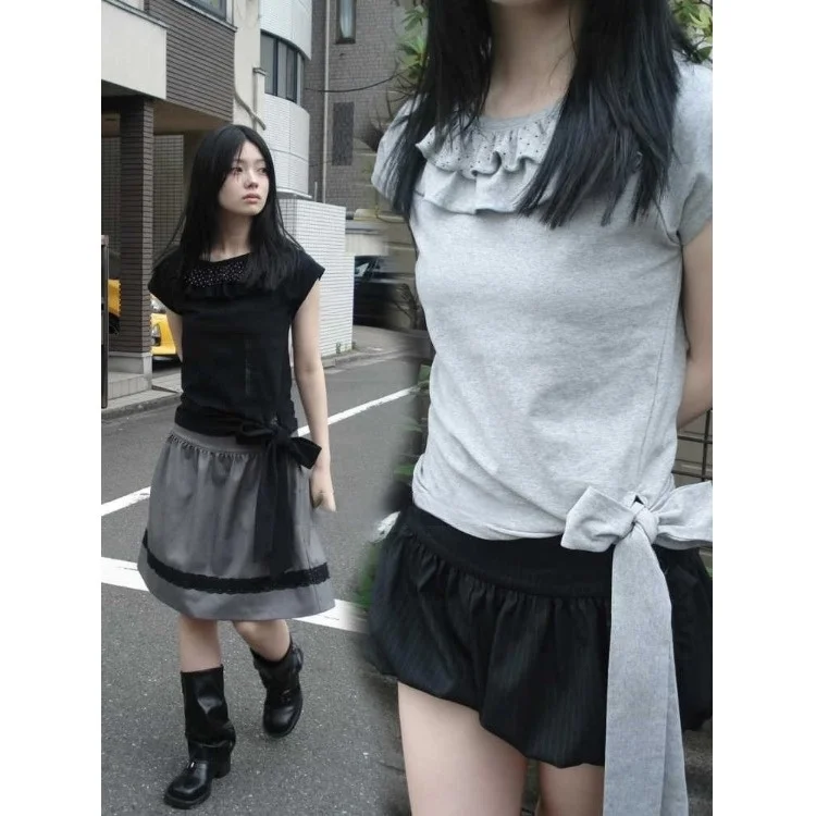 

Ретро-топ с рюшами и асимметричным вырезом на плечах, прямой крой, короткий рукав, женская облегающая футболка с завязками, из полиэфирного волокна