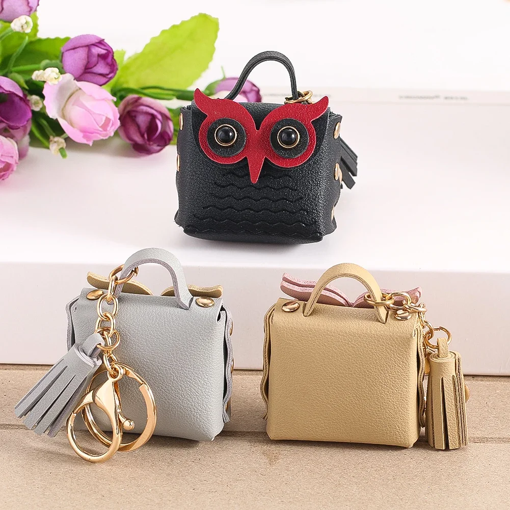 1pc Handmade Leather Keychain Owl Shape Coin Purse Pendant Creative Tide Bags Car Men and Women Keychain Pendant Gifts