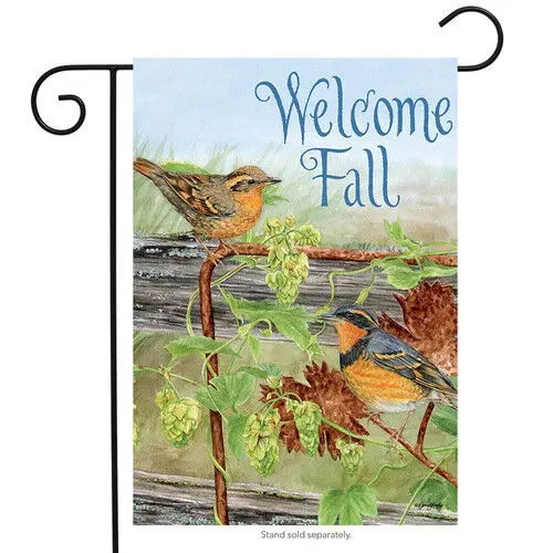 BRIARWOOD LANE Sleeved Garden Flag 12.5x18 THRUSHES ON HOPS Welcome Fall Birds