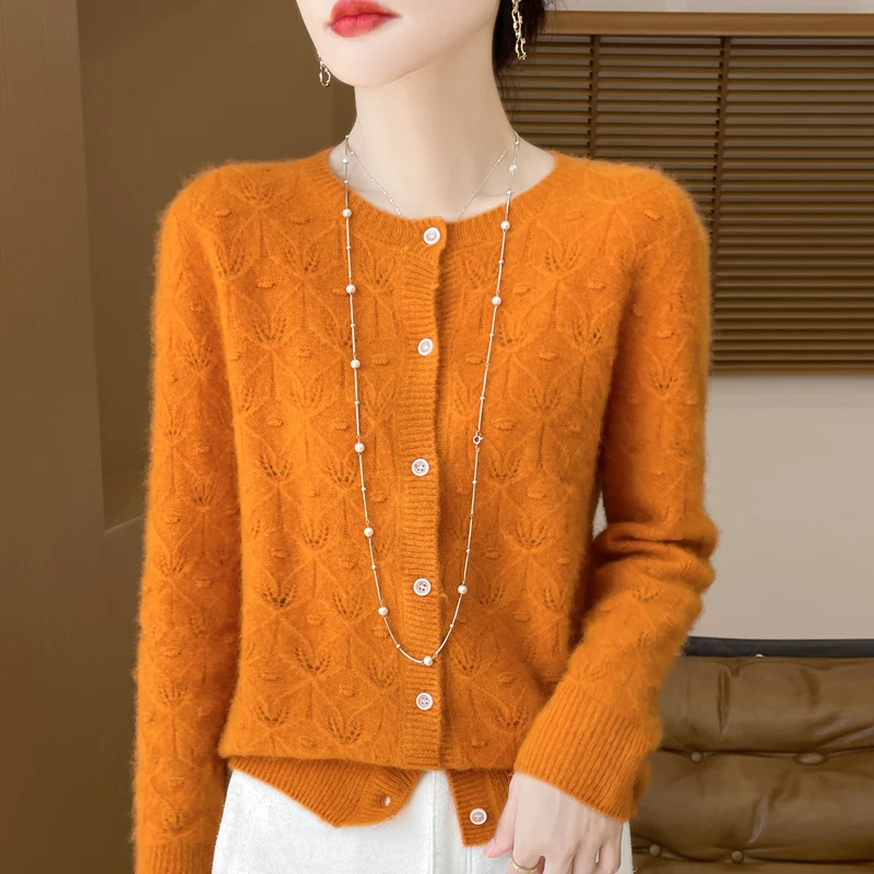 New Spring Autumn 100% Pure Wool Cardigan Women\'s Round Neck Hollow Jacquard Long Sleeved Knitted Jacket Sweater Loose Outer Top