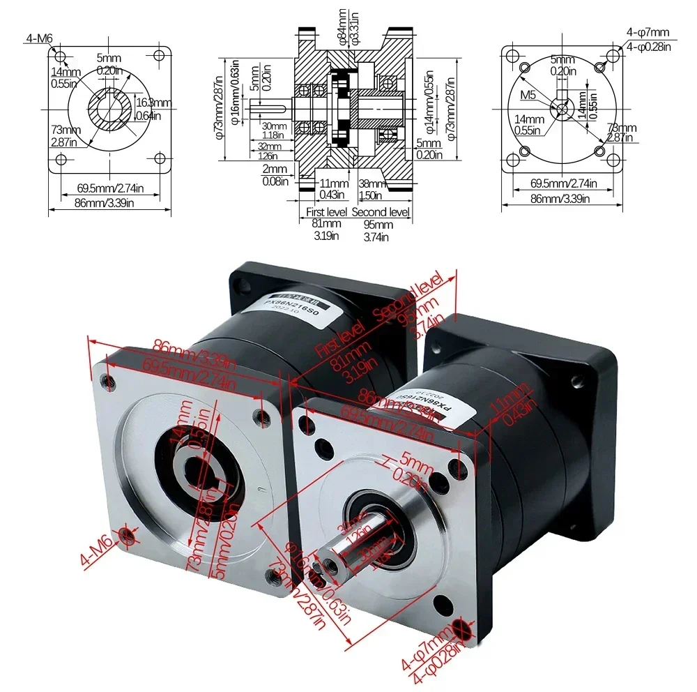 Reductor de velocidad de engranaje planetario PX86 PX80 con relación 4:1 to216:1 para Motor paso a paso CNC Nema34 Nema32 80 servomotor