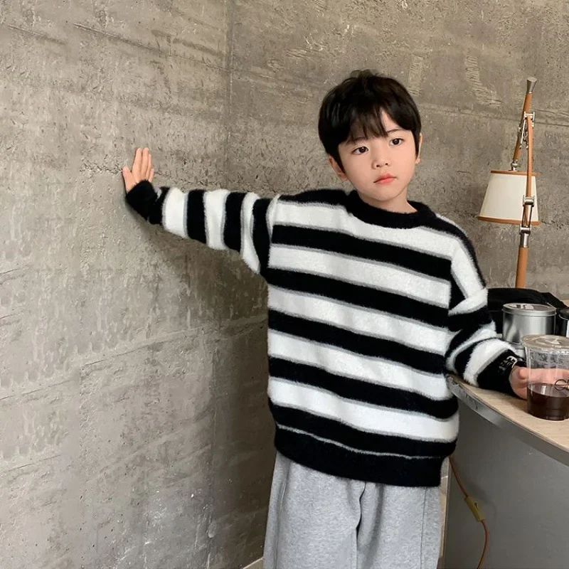 

Boys Sweater Wool Coat Kids Tops Knitting 2024 Cute Spring Autumn Plus Thicken Cottons Pullover Teenagers Children's Clothing