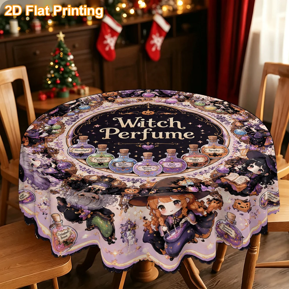 Tablecloth Christmas gift 2D flat. 1 piece round Q version witch potion design pattern table cover,