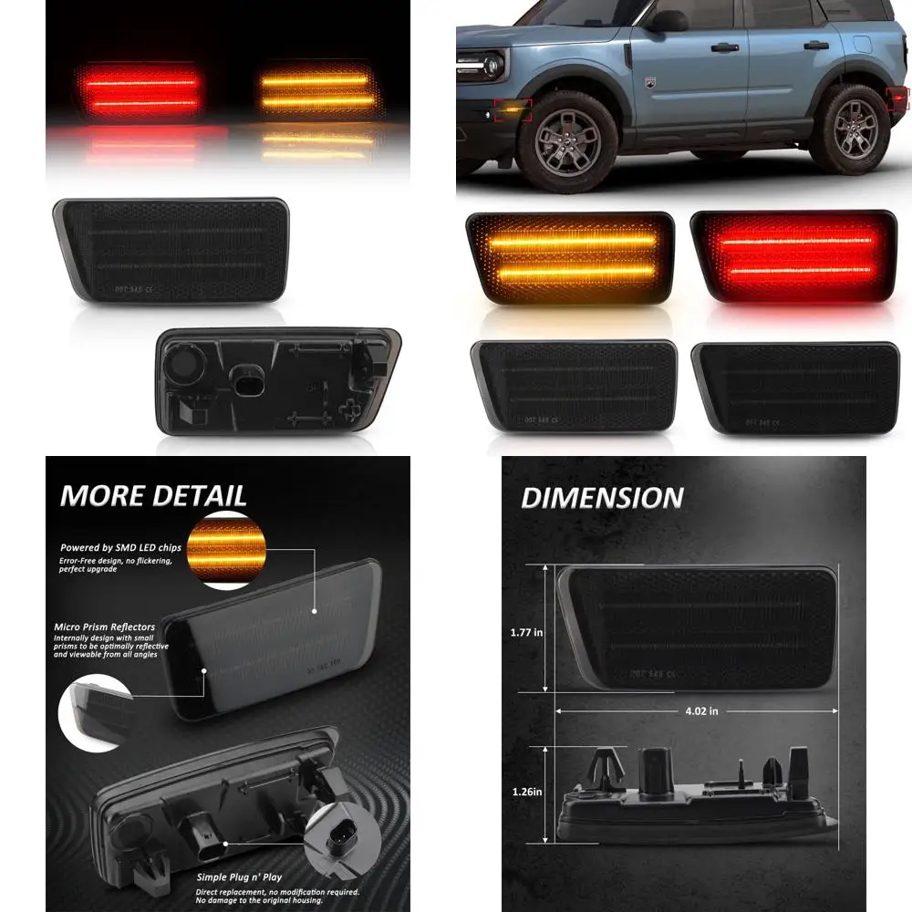 

2021-2024 Боковые габаритные огни Ford Bronco Sport, янтарная передняя и красная задняя часть, дымчатые линзы, набор из 4 предметов