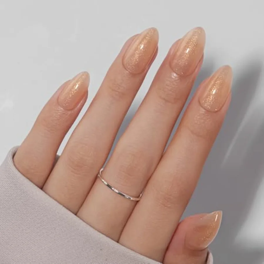 Unghie corte a forma di mandorla color oro nudo luccicanti e scintillanti per l'uso quotidiano e occasioni speciali Unghie finte in gel morbido riutilizzabili w