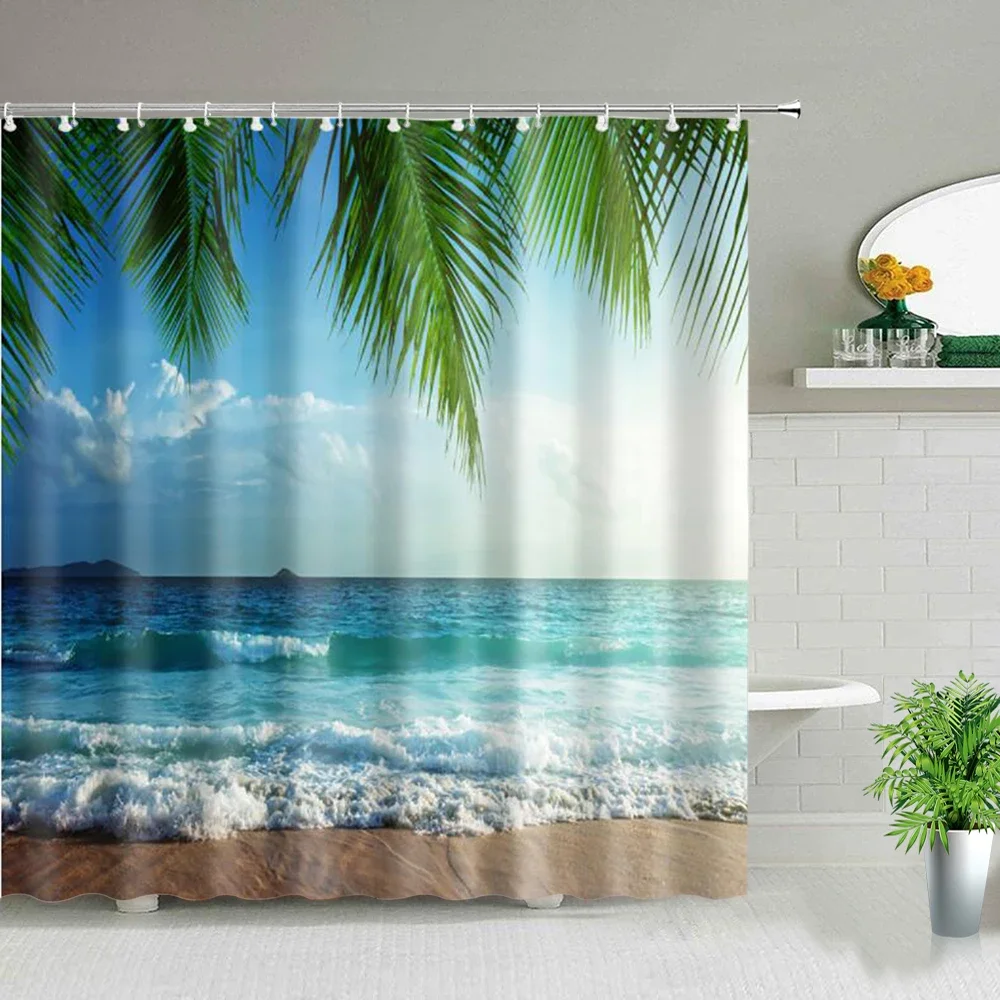 Shower Curtain Set Sunlight Beach Dream Forest Waterproof Polyester for Bathroom Curtains Green Plant Bathtub Decor With Hooks