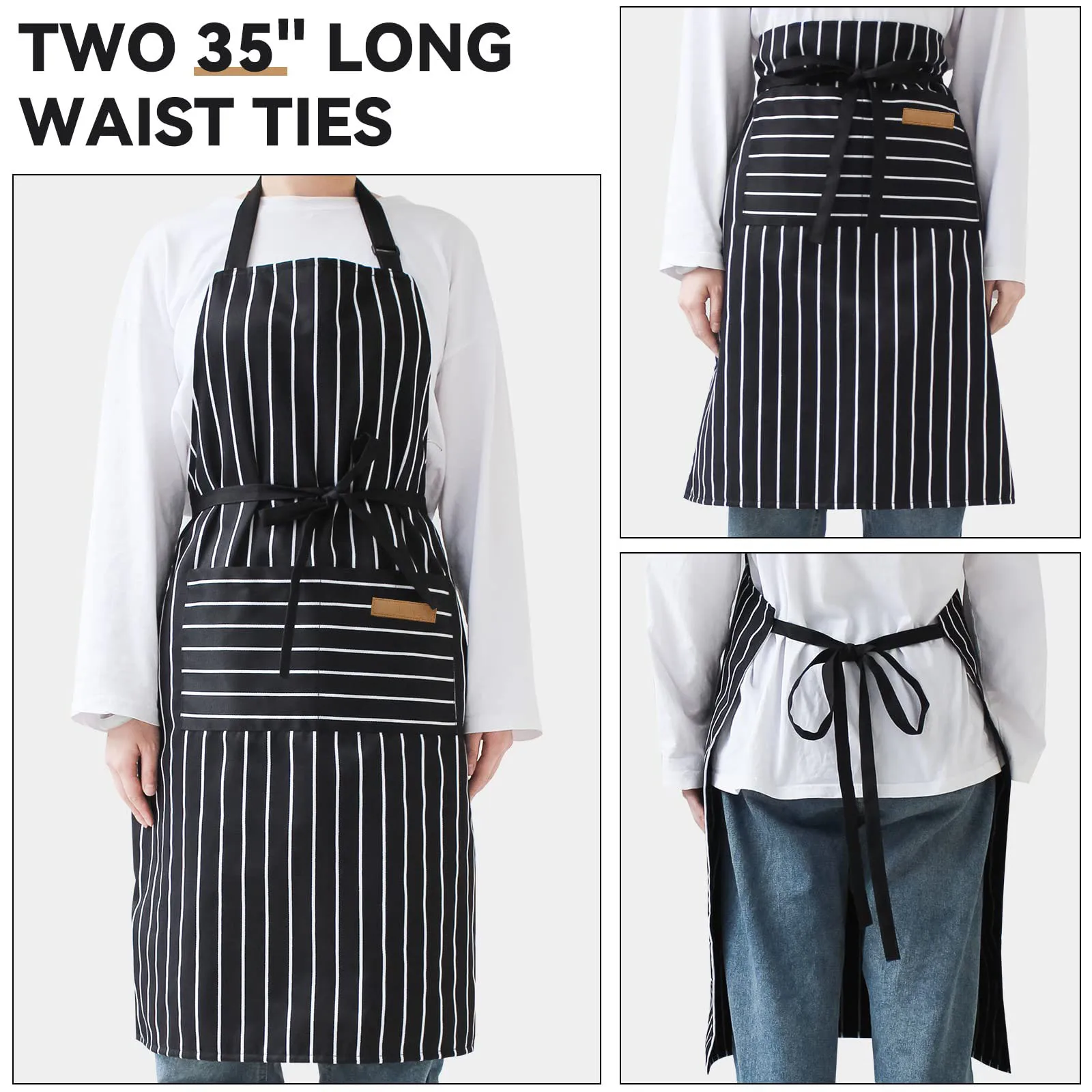 Kitchen Cooking Aprons with Stripes for Men and Women, Adjustable Bib, Soft Chef Apron with 2 Pockets