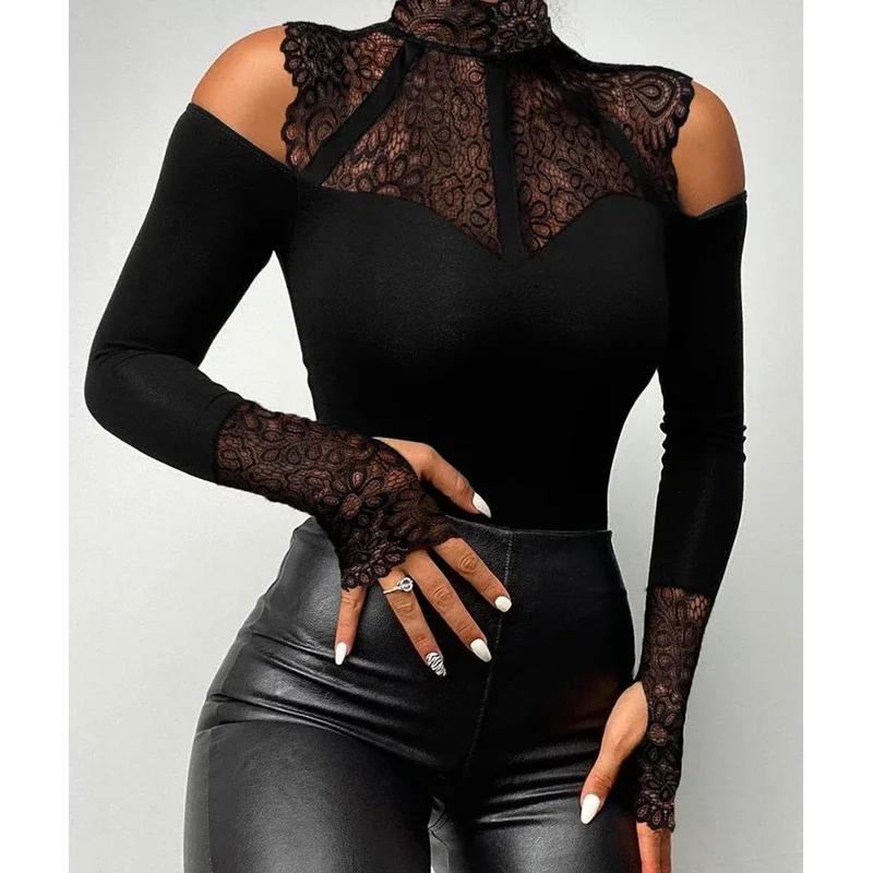 

Women Bodysuits Top Spring Sexy Slim Off Shoulder Hollow Out Bodysuits Women Long Sleeve Stand Collar Lace Stitching Bodysuits