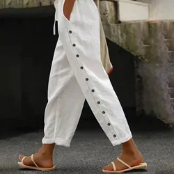 Women Whitee Side Button Harem Pants Drawstring Summer Female Trousers 2024 Casual Ankle Length Pants