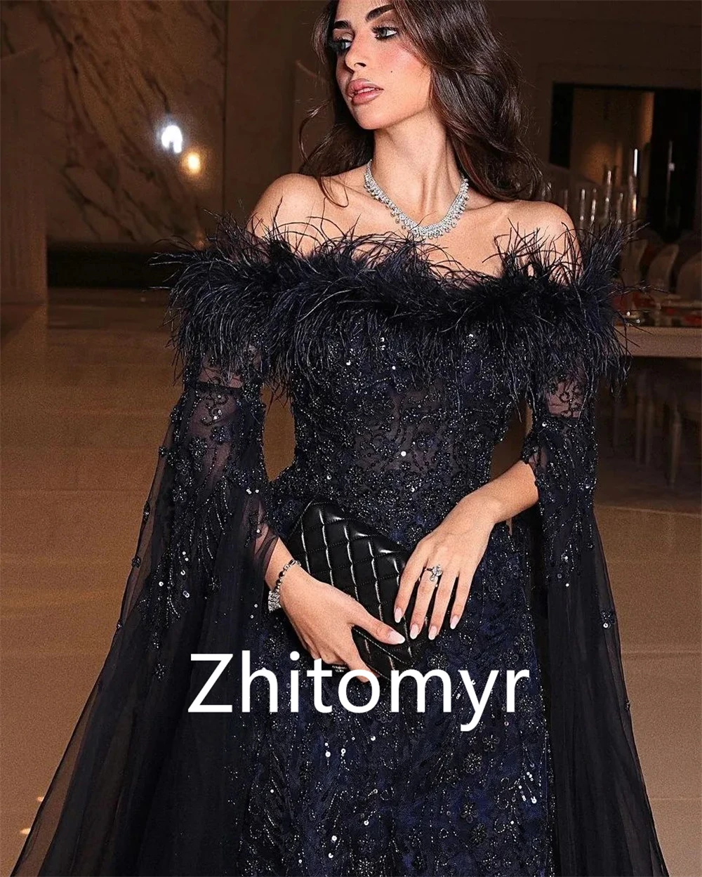 Customized Tulle Sequined Beading Feather Ruched Beach A-line Off-the-shoulder Bespoke Occasion Gown Long Dresses