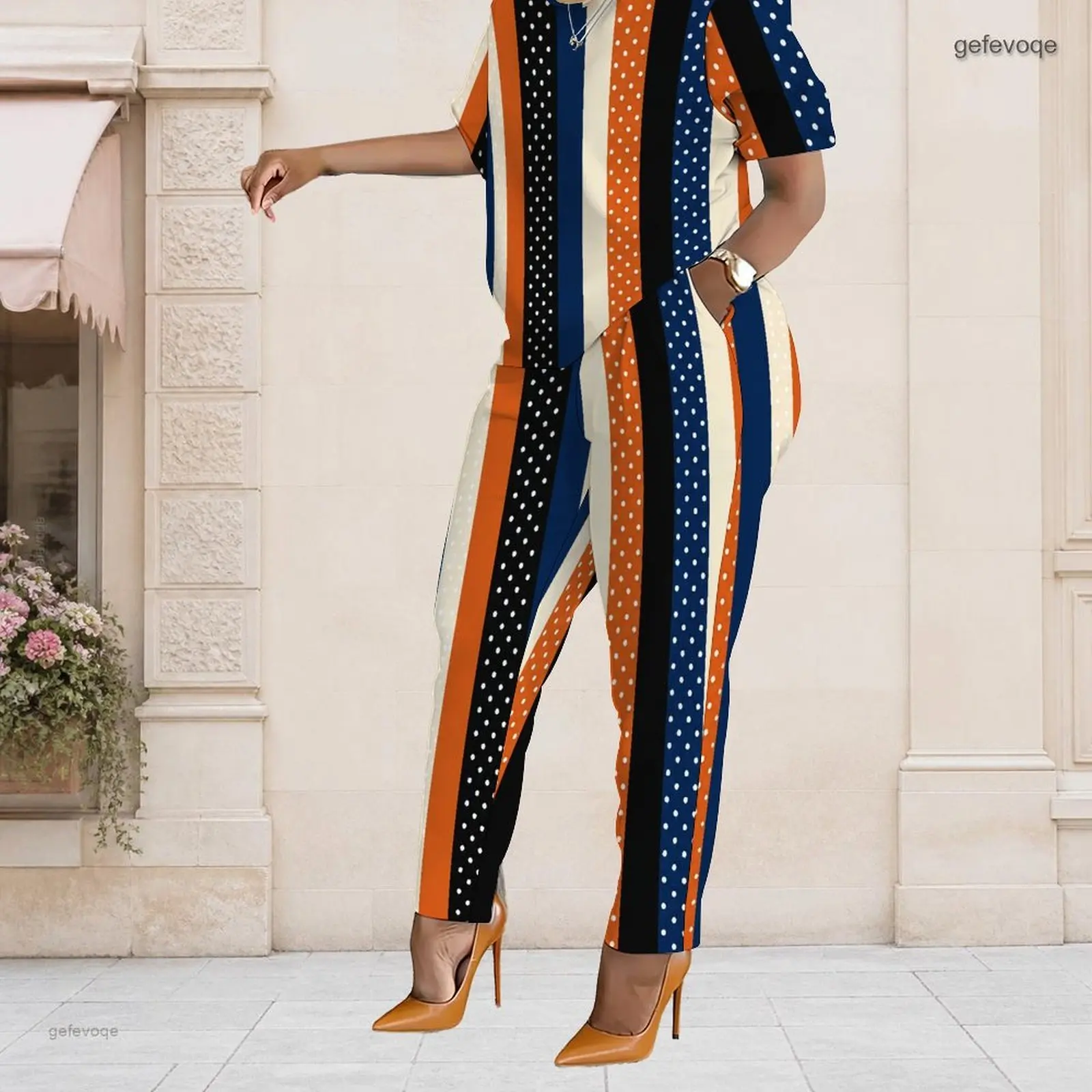 Summer Graphic Print Plus Size Sets Women O Neck Retro Chic Plus Size Clothes Womens Clothing Daily Office Wear
