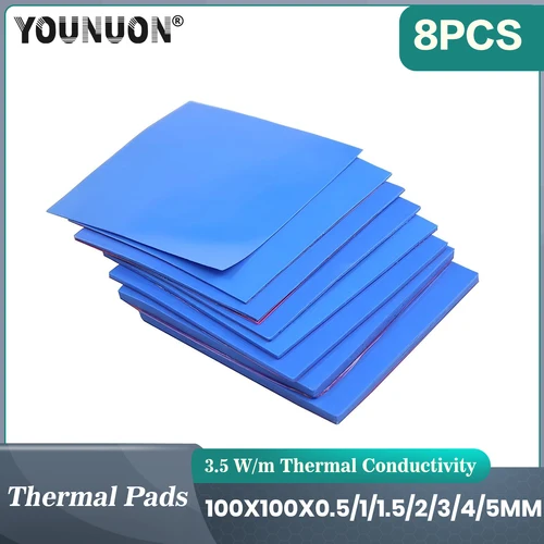 8 Uds YOUNUON 100x100x0,5mm 1mm 1,5mm 2mm 2,5mm 3mm 4mm 5mm azul blanco verde combinación almohadillas térmicas refrigeración silicona conductora