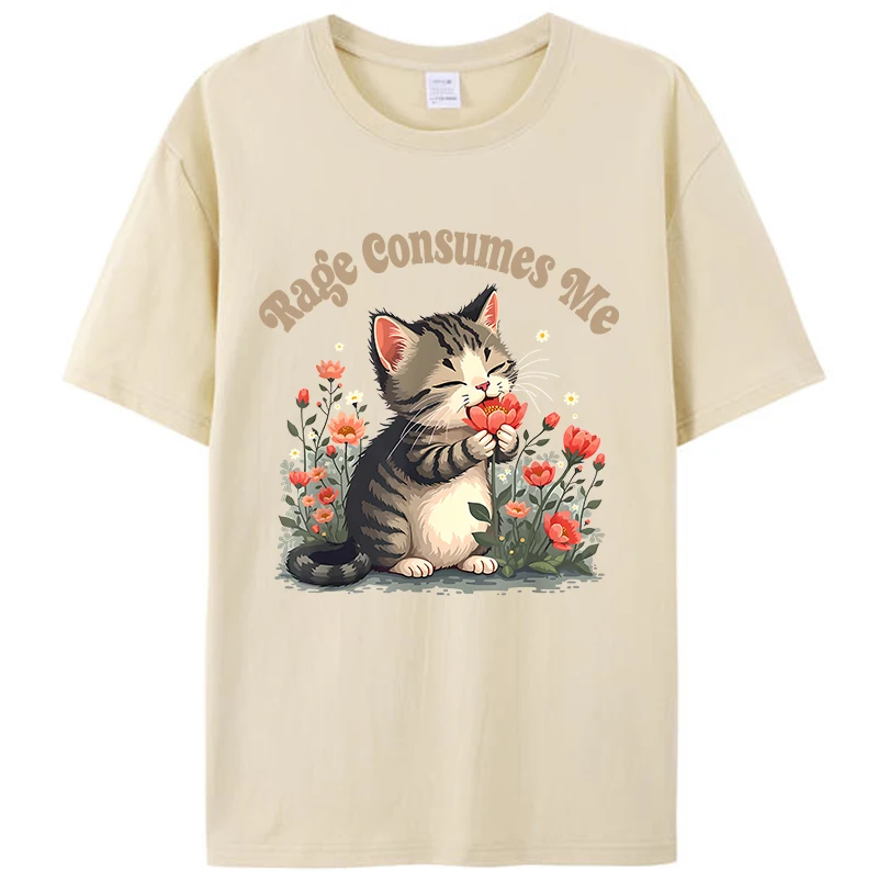 

Rage Consumes Me Cute Kitty Cat With Flower Meme Humor Saying Unisex T-Shirt Clothing Graphic Casual Classic Tee Shirts Tops