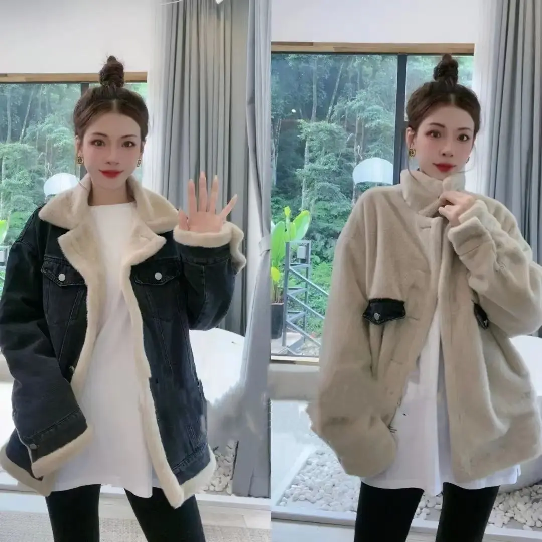 

Джинсовые пальто женские большие меховые плюшевые женские зимние скульптурные пошив минималистичная уличная одежда тренд городские социальные лоскутные Snap OL