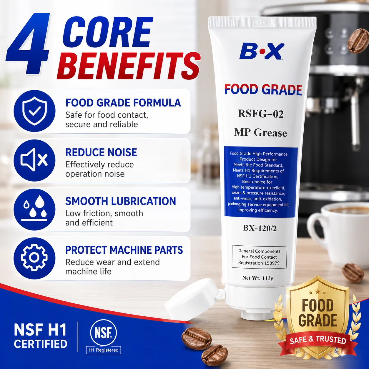 B·X RSFG-02 Coffee Machine Grease Food Grade NSF H1 Lubricant for Espresso Brew Unit O-Ring Gear 113g