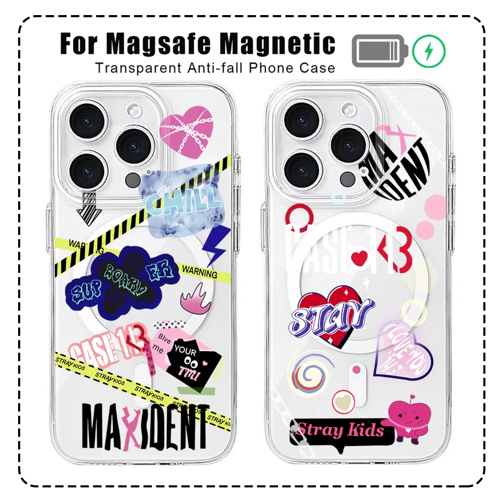 Strays S-SKZ K-Kid For Magesafe Magnetic Phone Case for iPhone 16 15 14 Plus 13 12 Mini 11 Pro Max X Xs XR 8 7 SE Clear Cover