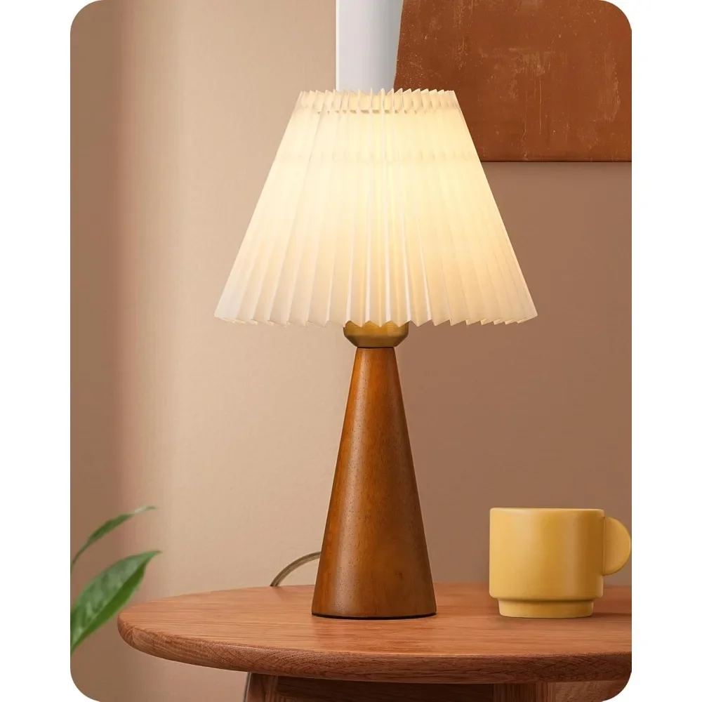 

edishine 13.58" small table lamp, wooden base nightstand lamp, white pleated lampshade, space-saving modern bedside lamp for nur