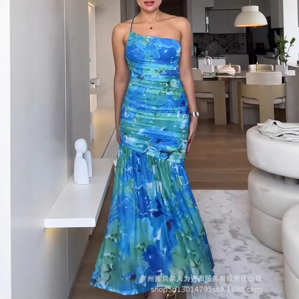 Women Bodycon Long Slim Dress Colorblock Floral Print One Shoulder Ruched Maxi Dress Casual Slim Fit Fishtail Dress