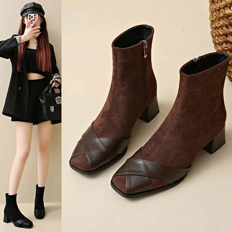 

French retro color-blocking suede short boots for women, square toe, slim-fit boots, block heel, high heel, fashionable boots