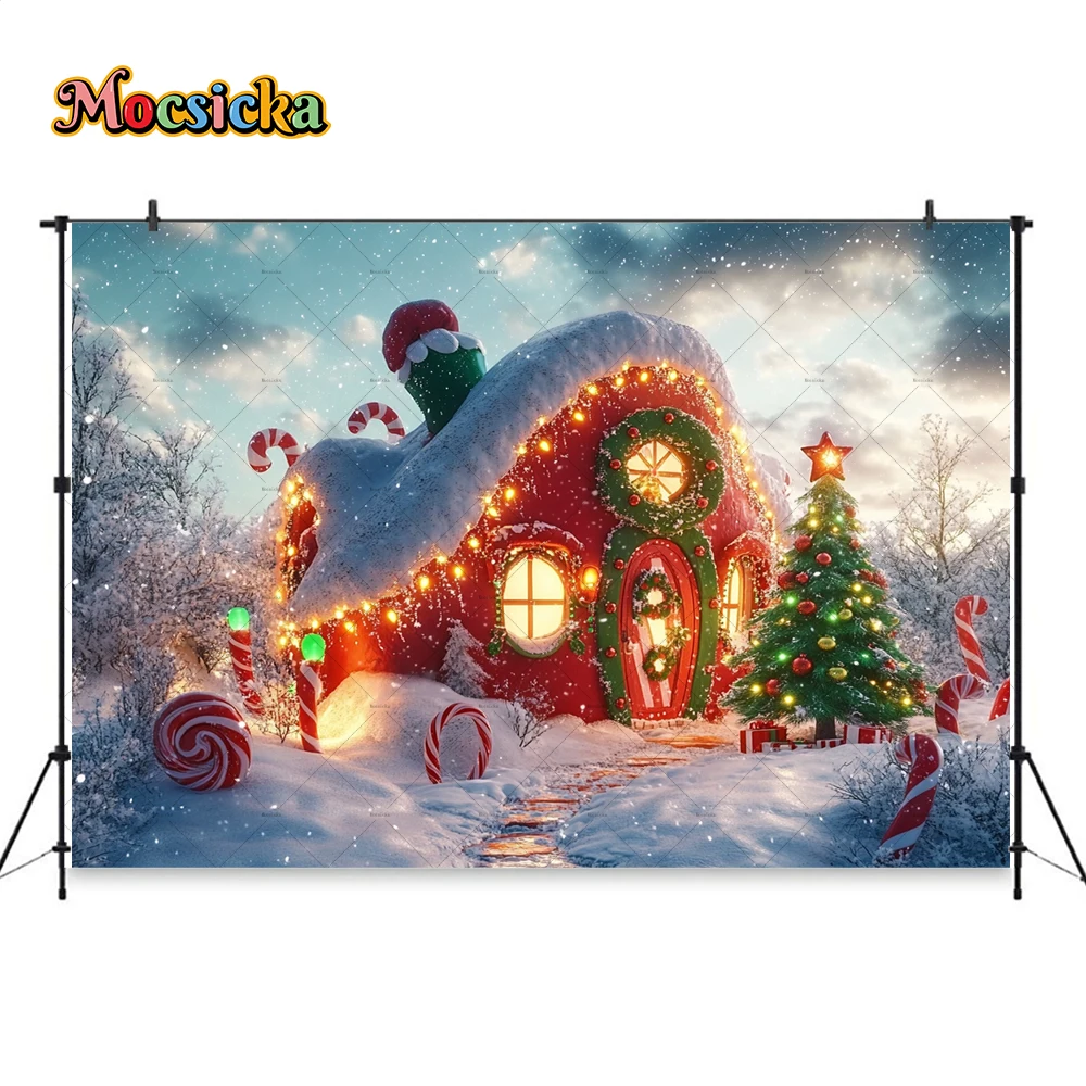 Christmas Elf House Background For Kids Winter Photography Candy Cane Snowflake Glitter Backdrop Decor Wonderland Photo Studio