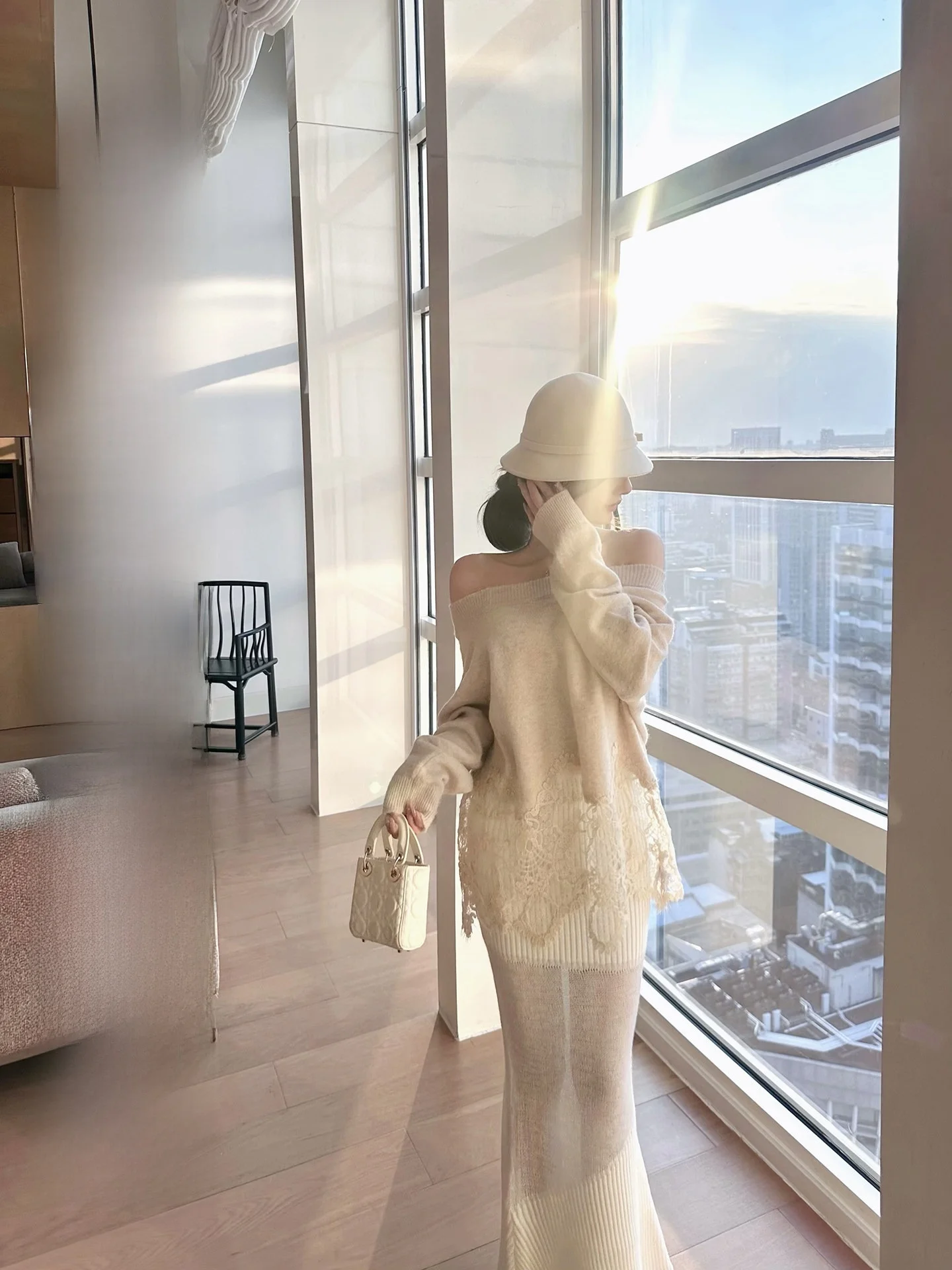 

CCZEE Neon Dr Lace Splice Wool Knitted Sweater Women's Winter Loose Feel Top oulder Bared Mid-Length Long Sve Knitwear