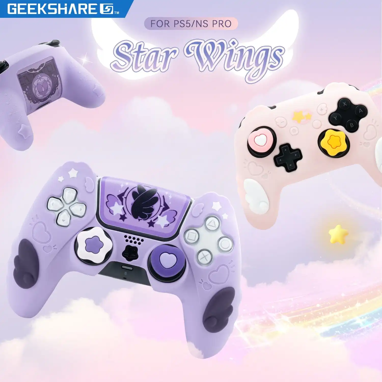 GeekShare Star Wings Protective Cover Skin for Playstation 5 / NS PRO Controller with 2 Thumb Grips and 1 Sticker