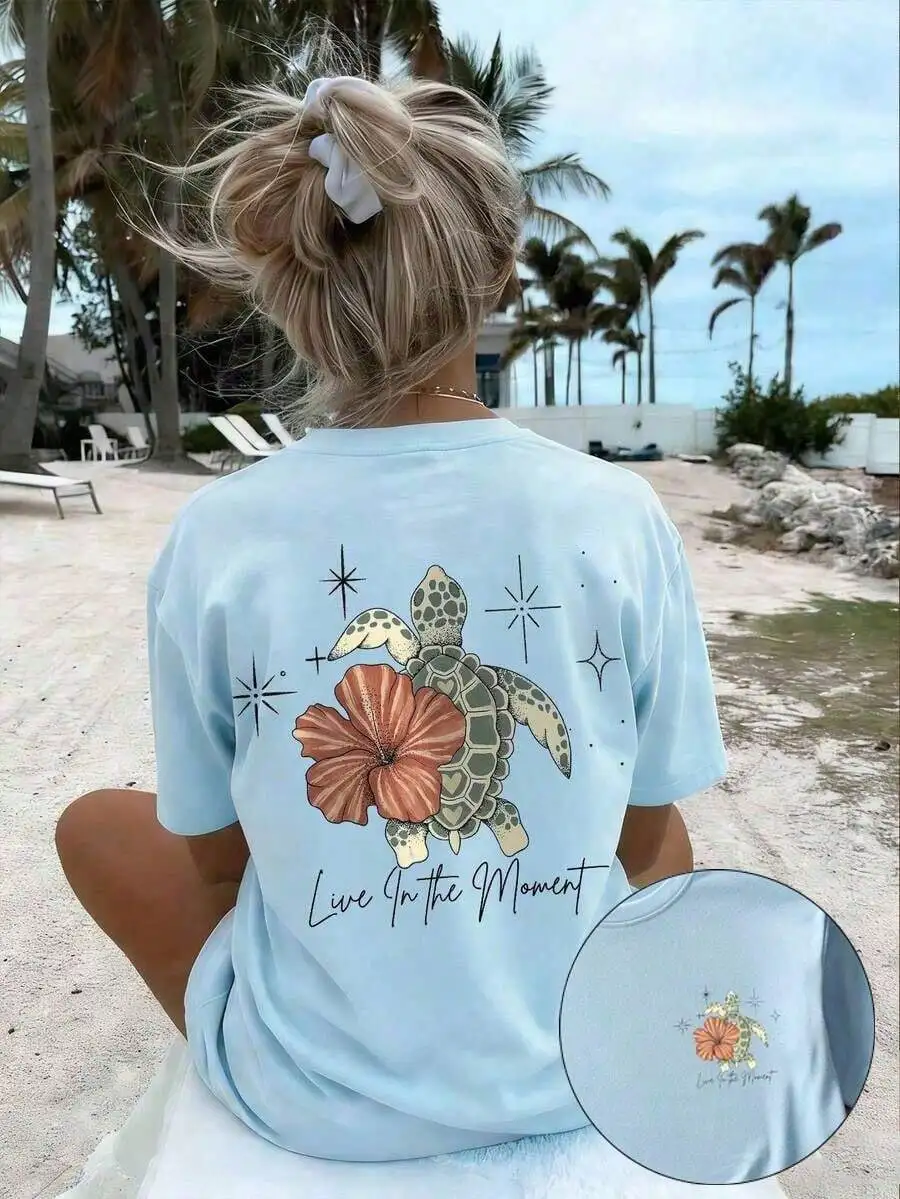 Women's Summer Loose Crew Neck Short Sleeve T-Shirt, Turtle Floral & Letter Graphic Print, Beach Vacation Casual Outfit, Lovely Gift For Ocean Nature Lovers