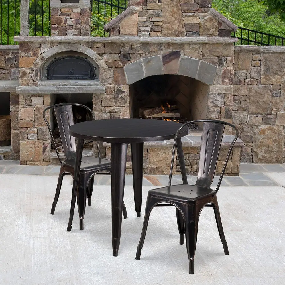 

Commercial Grade 30 Round BlackAntique Gold Metal Table Set2 Cafe Chairs
