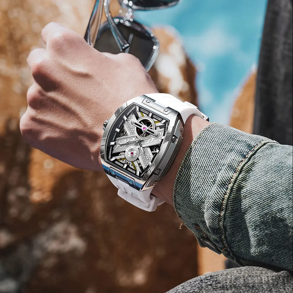 PONIGER New Men Automatic Mechanical Tourbillon Watch Fashion Tonneau-Shaped Watch Multifunction Stainless Steel Luminous Watch