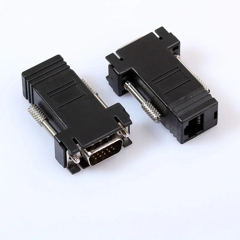 O extensor do adaptador VGA-to-RJ45 transmite sinais de vga com o cabo de rede, e o extensor do cabo de vga-à-rede tem 15 pinos