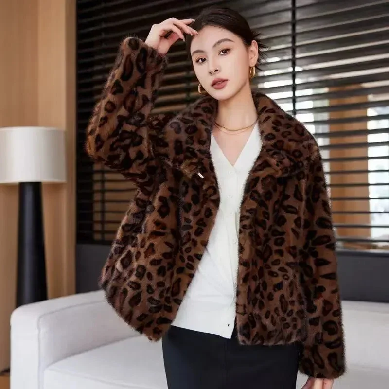 New Fashion Leopard Print Jacket Short High-Quality Mink Fur High-End Imitation Fur Jacket Zipper Mink Fur Coat For Women 2025