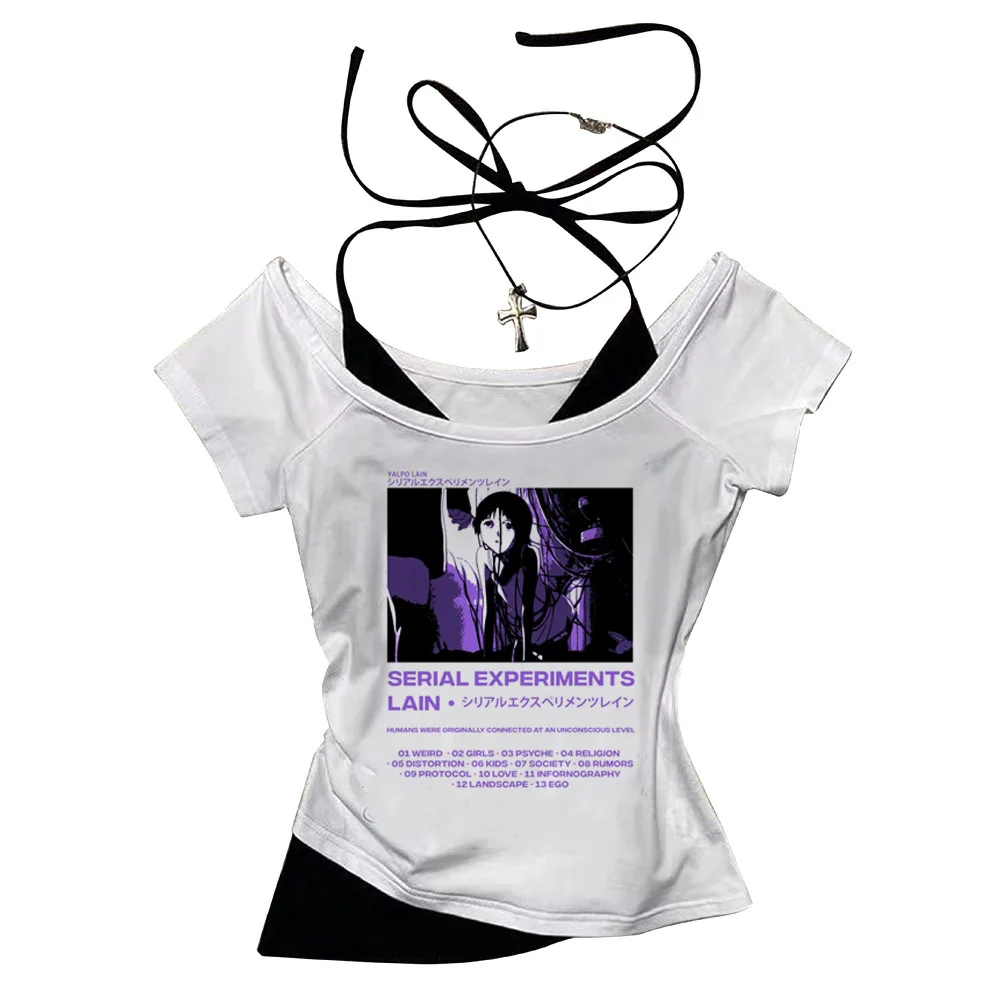 Serial Experiments Lain crop top coquette Aesthetic y2k summer Grunge cropped corset gyaru girls t-shirt