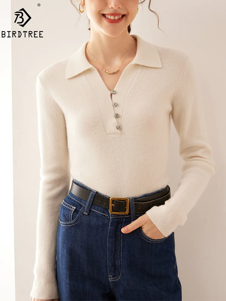 

BirdTree, A-level Cashmere Wool Elegant Sweaters, Women Polo Neck Buttons, OL Boutique Sweater, 2024 Autumn Winter Top T49110QM