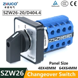 ZHUCO SZW26/LW26-20 Ui 660V 20A 16 Terminals 1-0-2 4 Phase 64X64 48X48Mm Panel Mount Universal Rotary Knob Cam Changeover Switch