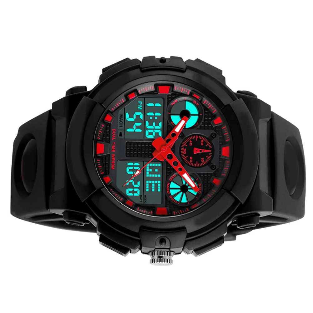

Waterproof Digital Watch For Men Red Dual Time Chronograph Led Backlight 50M Water Resistant Analog Quartz Pu Strap