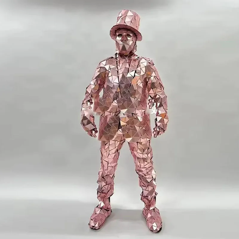 Abito da spettacolo teatrale da uomo con specchio cucito a mano, maschera di vetro di Halloween, costume da spettacolo di danza moderna