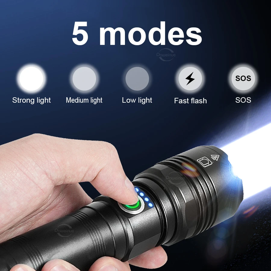 990000000LM High Power 300W LED Flashlight Zoom 3 Color Rechargeable Torch With Bottom Magnet for Outdoor Camping Repair Fishing