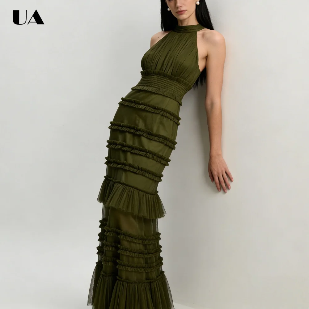 

ULBYANRY Customized Straight Tulle Halterneck Prom Dress for Woman, Elegant Sleeveless Evening Dress, Trendy Ruffled Party Dress
