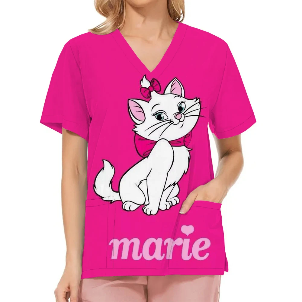 Pet Clinic Vet Work Uniforms Women Nurse Accessories Disney Mary Cat Print Hospital Doctor Nursing T-Shirt Medical Scrubs Clothe