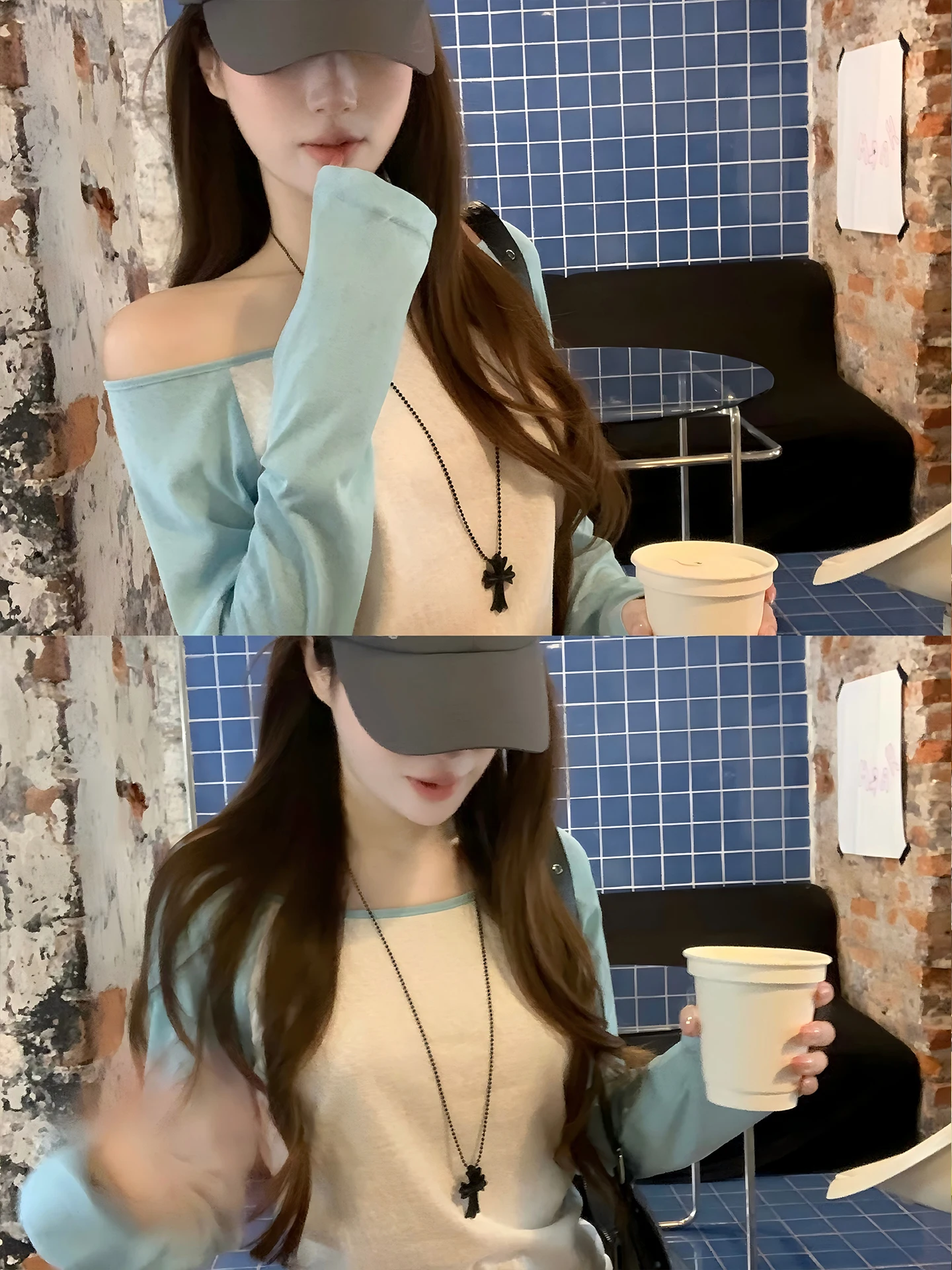 Blue Long Sleeve T-Shirt Women's Loose Korean Style Shoulder Bared Slimming Inner Wear Base Shirt Small Top by Song Zhengen