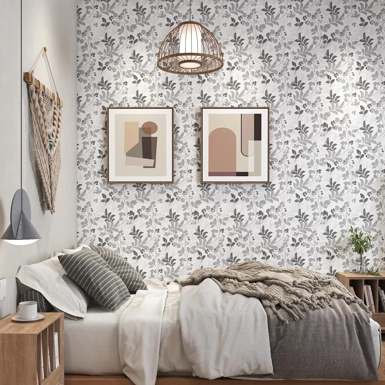 White Gray Leaf Wallpaper Peel and Stick Wallpaper Boho Contact Paper Self Adhesive Removable Wallpaper for Bedroom Bathroom
