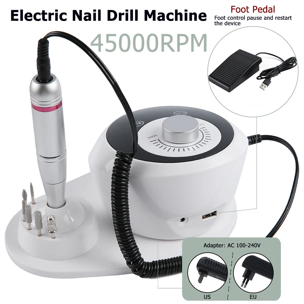 45000RPM 전문 네일 드릴 머신 샌더 젤 큐티클 제거 매니큐어 살롱 전동 네일 파일 머신 풋 페달 포함