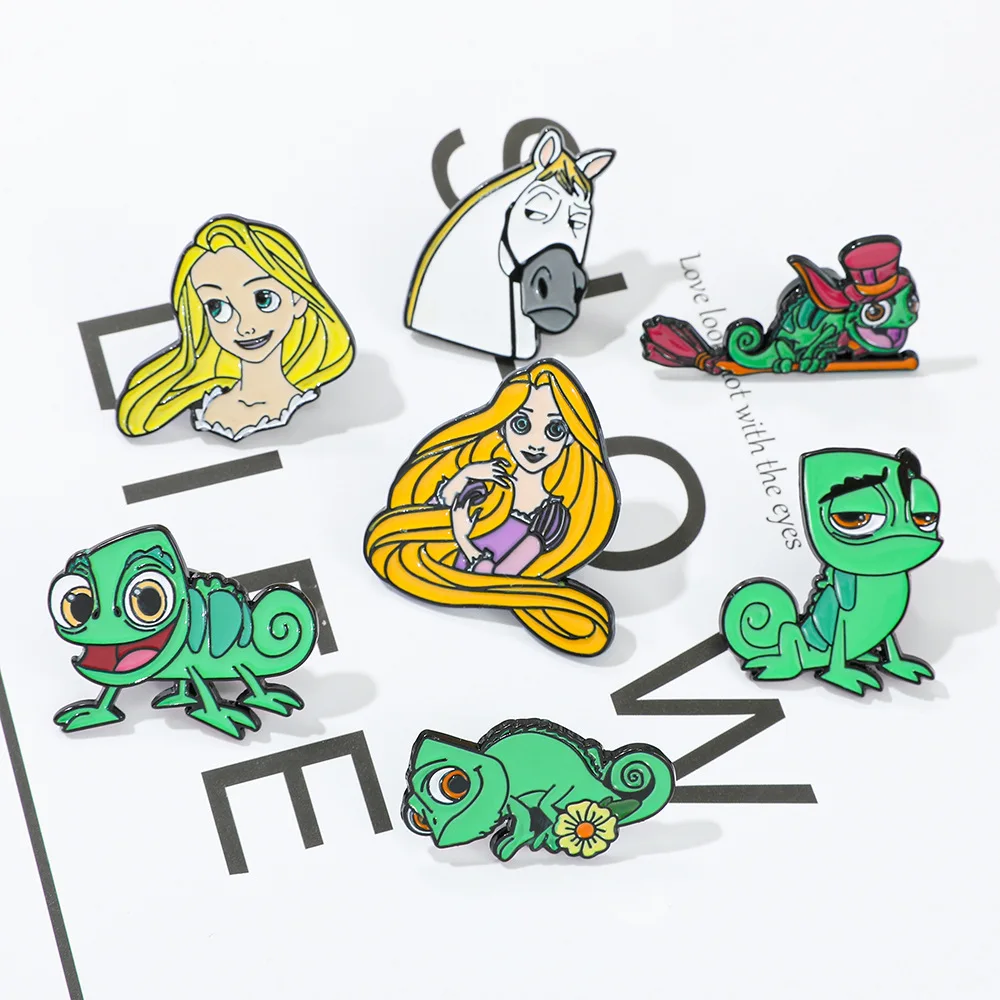 Broches de la serie camaleón de princesa Rapunzel de dibujos animados de Disney, Pin esmaltado para ropa, mochila, bolsa, insignias de Metal, regalos