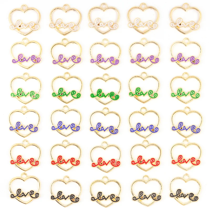 

15Pcs Fashion Design LOVE Enamel Letters Motherly Heart Alloy Pendant For Couple Necklace Keychain DIY Phone Charm Accessories