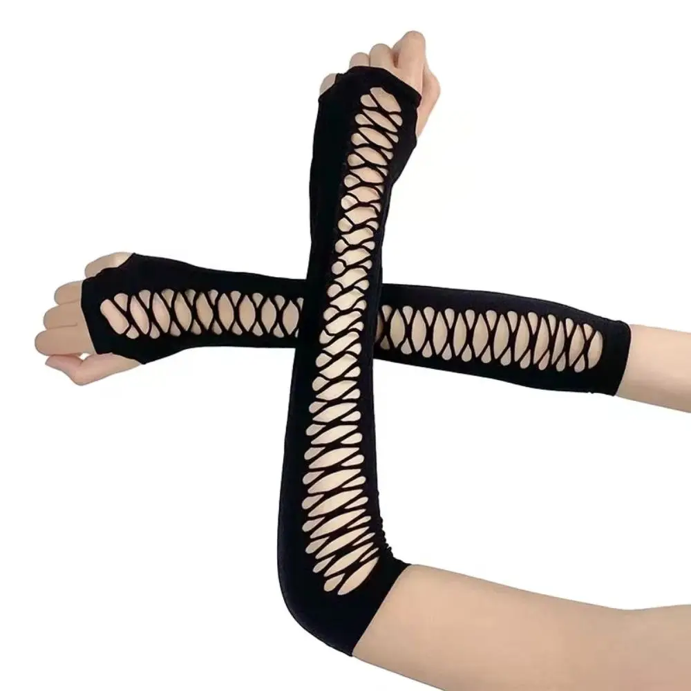 Retro Shiny Women Fingerless Gloves Glitter Black Elastic Bridal Gloves Breathable Hollow Out Long Mesh Gloves Dancing Prom