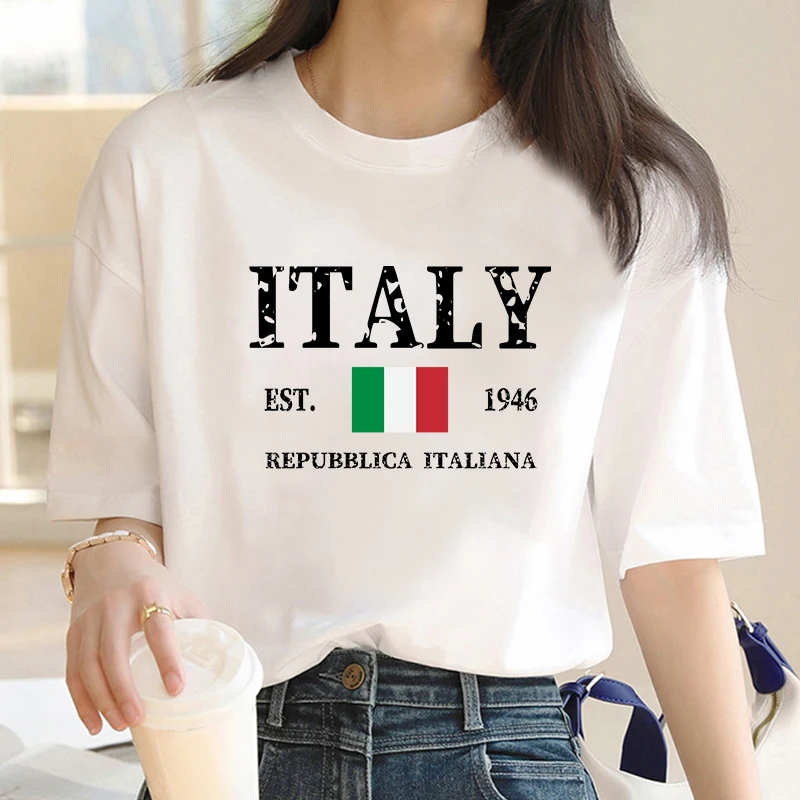 Italian Letter Printed Summer New Men's and Women's High-Quality Cotton T-Shirt Women Round Neck Short-Sleeved Casual Top